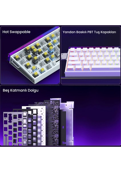 HERO 68 He Manyetik Klavye Rapid Trigger Black King Switch 8000Hz Rgb Neon Tkl Hot Swap Oyuncu Klavyesi Beyaz