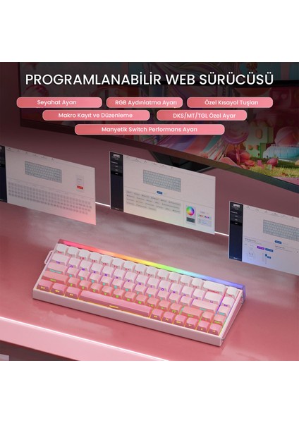 HERO 68 He Manyetik Klavye Rapid Trigger Black King Switch 8000Hz Rgb Neon Tkl Hot Swap Oyuncu Klavyesi Pembe