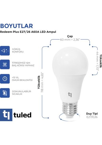 Redeem Plus A60A E27 LED Ampul, Titreşimsiz, Göz Konforu, Tekli, 828 Lümen, Tatlı Beyaz, 3500 Kelvin fırsatları