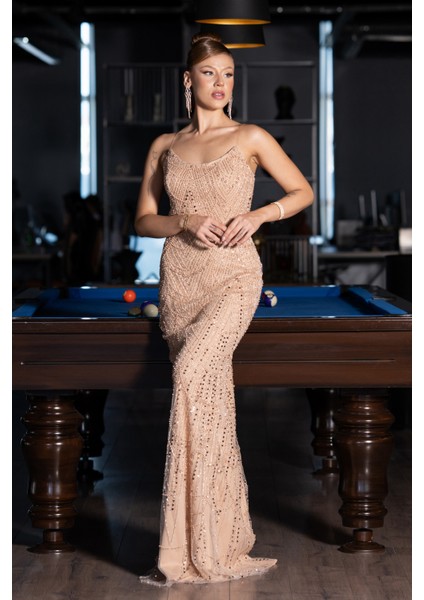 Straplez Uzun Boncuklu Balık Abiye ABU5142