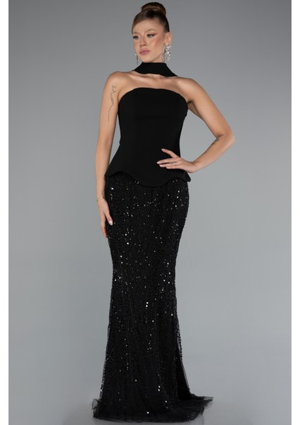 Straplez Peplum Detay Taşlı Uzun Balık Abiye ABU5131