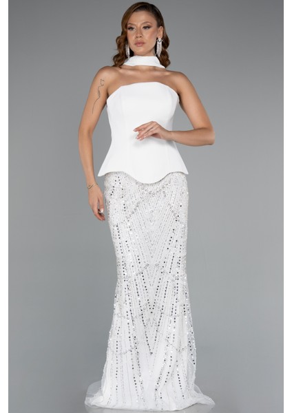 Straplez Peplum Detay Taşlı Uzun Balık Abiye ABU5131