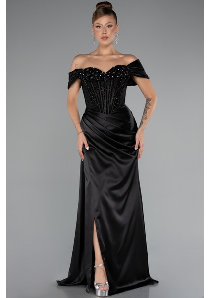 Kayık Yaka Taşlı Balen Uzun Saten Abiye ABU5130