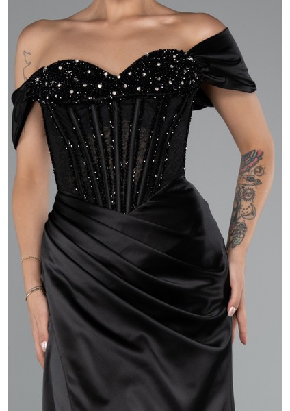 Kayık Yaka Taşlı Balen Uzun Saten Abiye ABU5130 modelleri