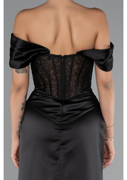 Kayık Yaka Taşlı Balen Uzun Saten Abiye ABU5130 fırsatları