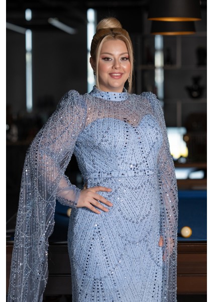 Uzun Kol Dik Yaka Boncuklu Büyük Beden Abiye ABU5153