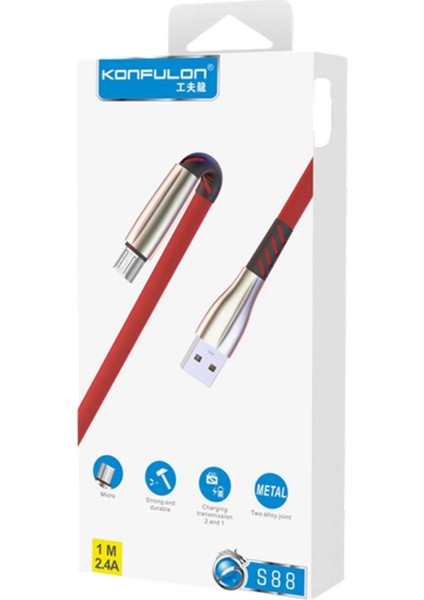 S88 Metal Uçlu Micro USB Kablo 1m 2.4A - KIRMIZI-(5796) - MCT2948-1901 fiyatları