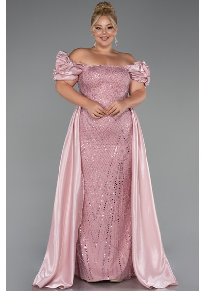 Kayık Yaka Uzun Boncuklu Büyük Beden Abiye ABU5155