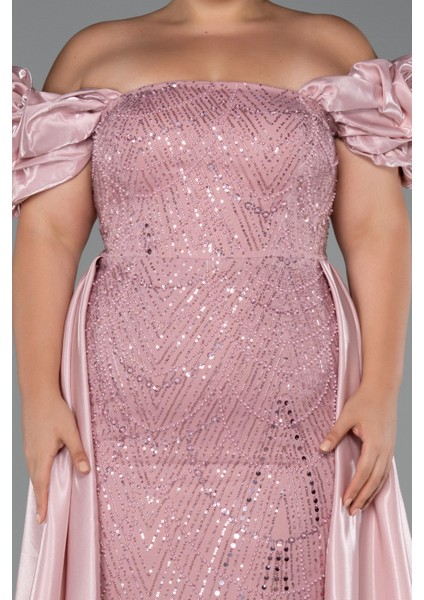 Kayık Yaka Uzun Boncuklu Büyük Beden Abiye ABU5155 modelleri