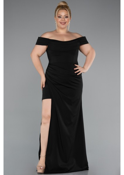 Kayık Yaka Yırtmaç Uzun Büyük Beden Abiye ABU5156