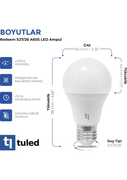 Redeem A60S E27 LED Ampul, Titreşimsiz, Göz Konforu, Tekli, 570 Lümen, Doğal Beyaz, 4000 Kelvin fırsatları