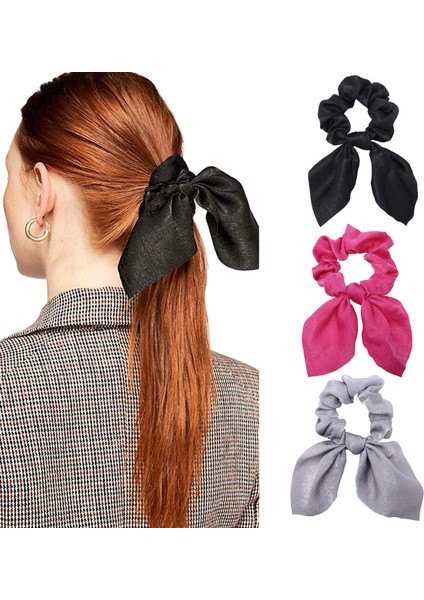 3'lü Fular Scrunchie Fularlı Saç Lastiği - Kadın Fularlı Fiyonk Toka Lastikli Saç Tokası Renk-5