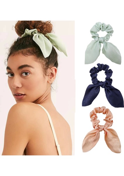 3'lü Fular Scrunchie Fularlı Saç Lastiği - Kadın Fularlı Fiyonk Toka Lastikli Saç Tokası Renk-1