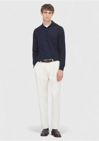 Lacivert Polo Yaka Düz Örgü Yün Karışımlı Triko Kazak fiyatları