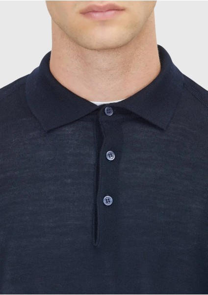 Lacivert Polo Yaka Düz Örgü Yün Karışımlı Triko Kazak indirimleri