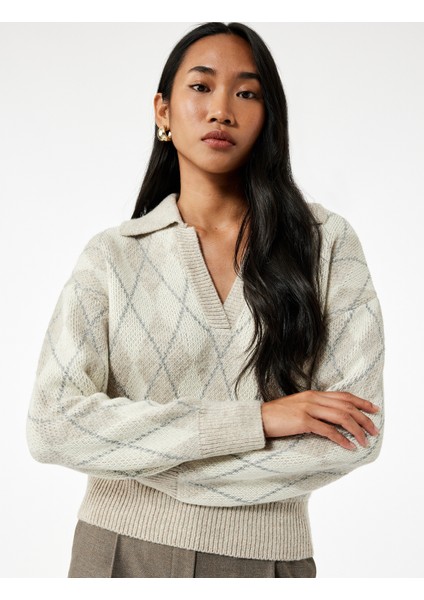 Uzun Kollu Baklava Desenli Polo Yaka Triko Oversize Kazak