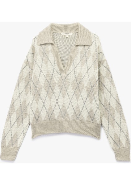 Uzun Kollu Baklava Desenli Polo Yaka Triko Oversize Kazak modelleri