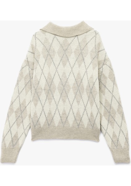 Uzun Kollu Baklava Desenli Polo Yaka Triko Oversize Kazak fırsatları