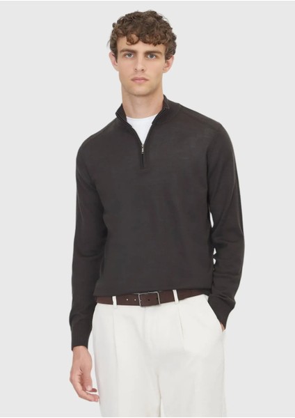 Kahverengi Yarım Balıkçı Yaka Düz Örgü Yün Karışımlı Triko Kazak