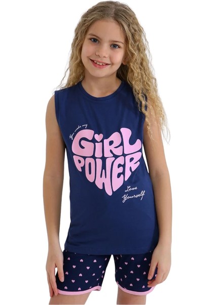 Minykids Kalp Desen Lacivert Askılı Şortlu %100 Pamuklu Kız Çocuk Pijama Takım