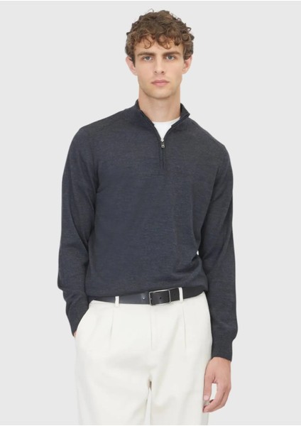 Antrasit Yarım Balıkçı Yaka Düz Örgü Yün Karışımlı Triko Kazak