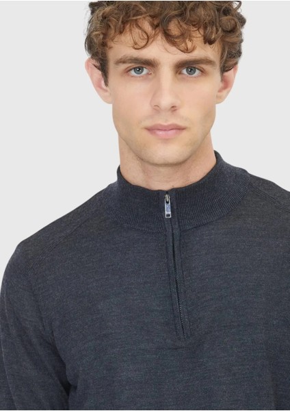 Antrasit Yarım Balıkçı Yaka Düz Örgü Yün Karışımlı Triko Kazak fırsatları