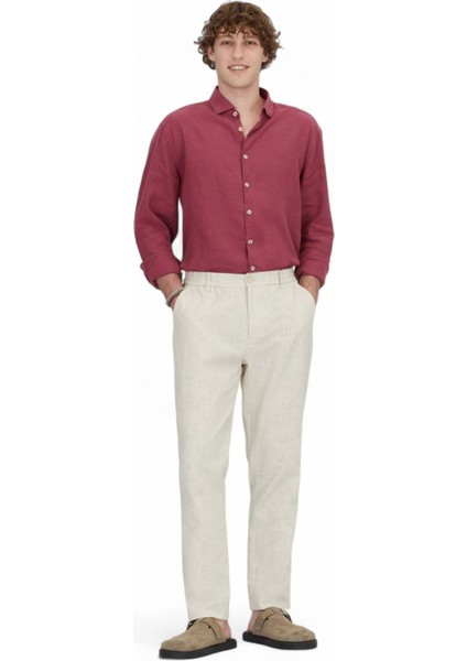 Ekru Dokuma Jogging Fit Casual Pamuk Karışımlı Pantolon