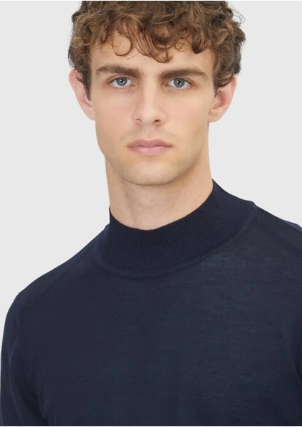 Lacivert Bato Yaka Düz Örgü Yün Karışımlı Triko Kazak fırsatları