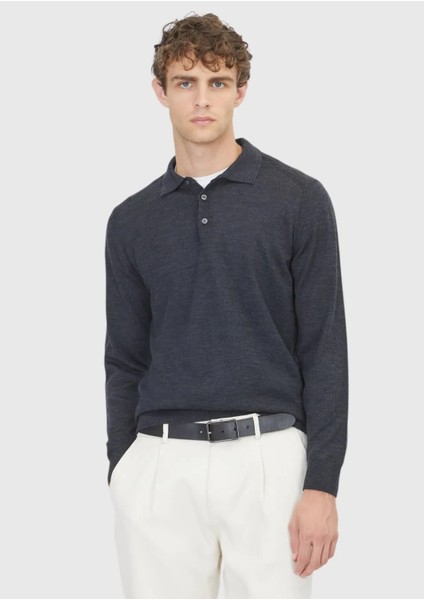 Antrasit Polo Yaka Düz Örgü Yün Karışımlı Triko Kazak