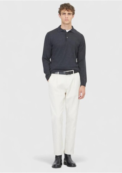 Antrasit Polo Yaka Düz Örgü Yün Karışımlı Triko Kazak fiyatları