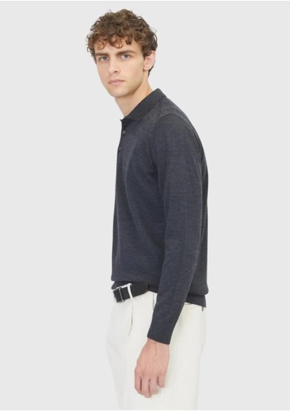 Antrasit Polo Yaka Düz Örgü Yün Karışımlı Triko Kazak modelleri