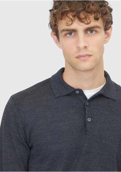 Antrasit Polo Yaka Düz Örgü Yün Karışımlı Triko Kazak fırsatları