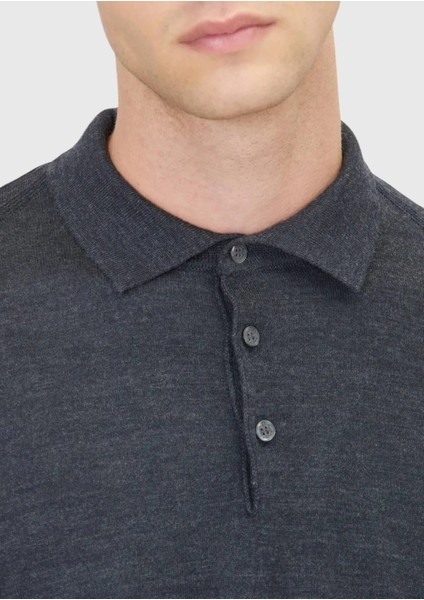 Antrasit Polo Yaka Düz Örgü Yün Karışımlı Triko Kazak indirimleri