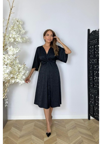 G1537 Düğüm Detay Desenli Saten Elbise Siyah