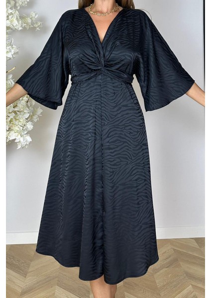 G1537 Düğüm Detay Desenli Saten Elbise Siyah modelleri