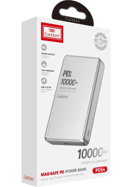 PD54 10.000 Mah 15W Kablosuz Şarj ve 20W Type-C Çıkışlı Pd Hızlı Şarj Powerbank - Gümüş