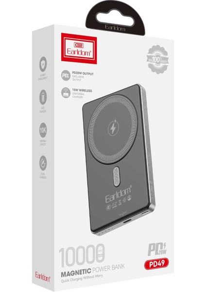 PD49 10.000 Mah 15W Kablosuz Şarj ve 20W Type-C Çıkışlı Pd Hızlı Şarj Powerbank - Siyah
