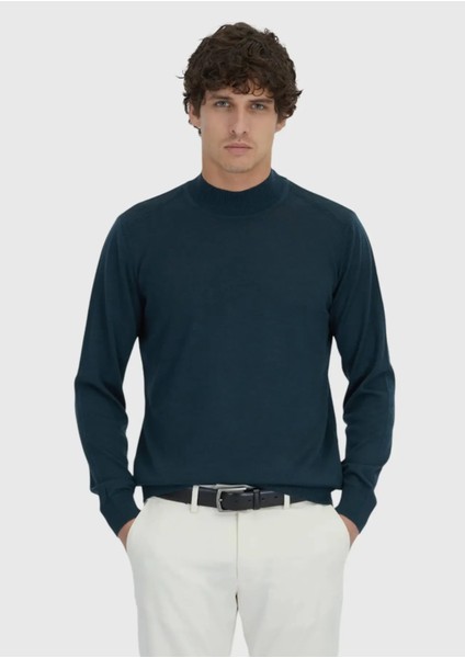 Petrol Bato Yaka Düz Örgü Yün Karışımlı Triko Kazak