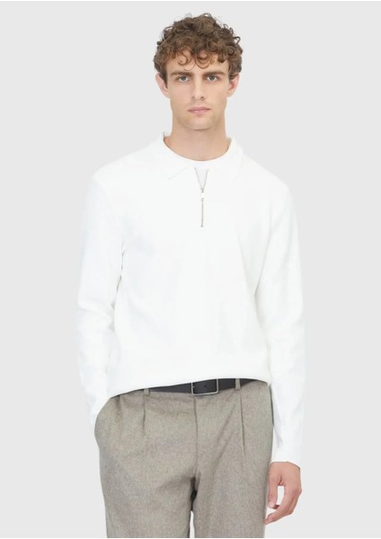 Ekru Polo Yaka Düz Örgü Triko Kazak