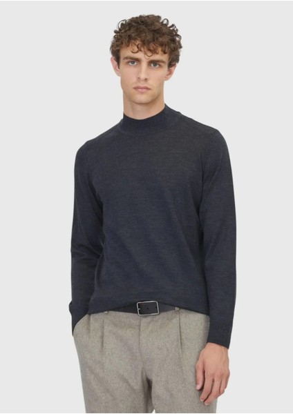 Antrasit Bato Yaka Düz Örgü Yün Karışımlı Triko Kazak