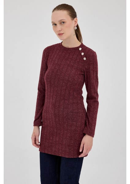 Bordo Düğme Detaylı Çizgili Triko Tunik 8132A