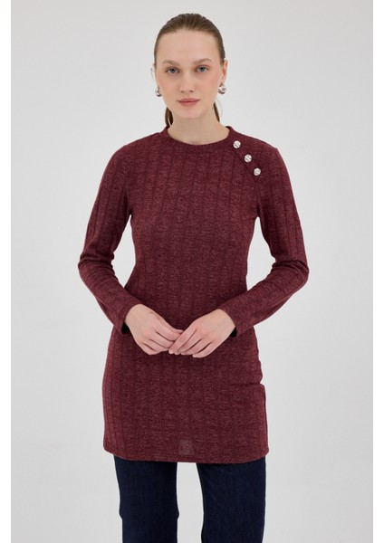 Bordo Düğme Detaylı Çizgili Triko Tunik 8132A fiyatları