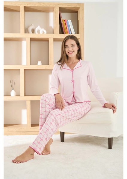 Kadın Berlin Kumaş Gömlek Yaka Pembe Pijama Takımı - 8990