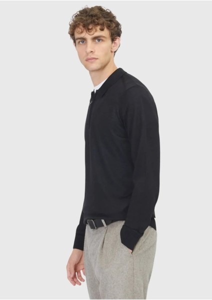 Siyah Polo Yaka Düz Örgü Yün Karışımlı Triko Kazak modelleri
