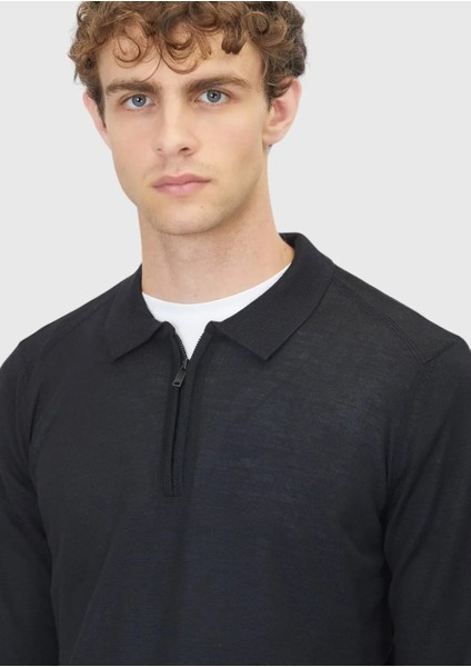 Siyah Polo Yaka Düz Örgü Yün Karışımlı Triko Kazak fırsatları