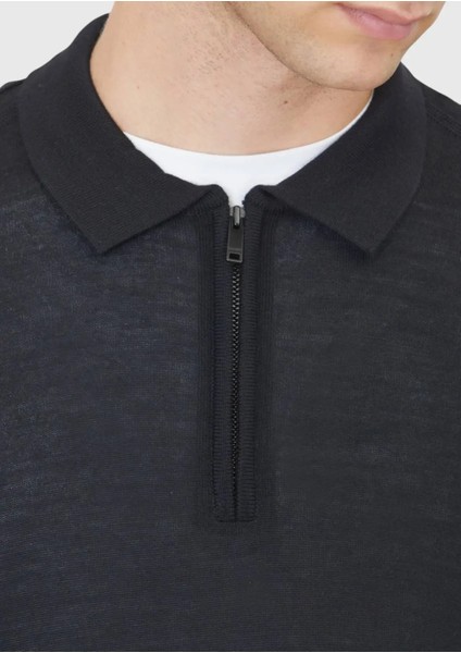 Siyah Polo Yaka Düz Örgü Yün Karışımlı Triko Kazak indirimleri