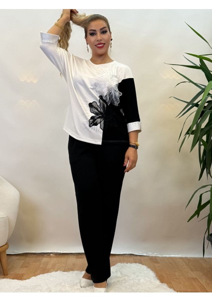 Takım bluz ve pantolon Üç Iplikli Pamuklu Yarasa Kol Beli Lastikli Yan Cep Detaylı Işlemeli ve Taş Işçiliği