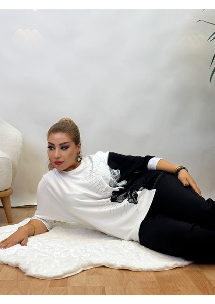 Takım bluz ve pantolon Üç Iplikli Pamuklu Yarasa Kol Beli Lastikli Yan Cep Detaylı Işlemeli ve Taş Işçiliği indirimleri