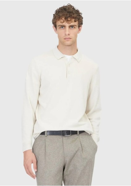 Ekru Polo Yaka Düz Örgü Yün Karışımlı Triko Kazak