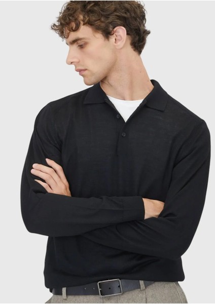 Siyah Polo Yaka Düz Örgü Yün Karışımlı Triko Kazak fırsatları